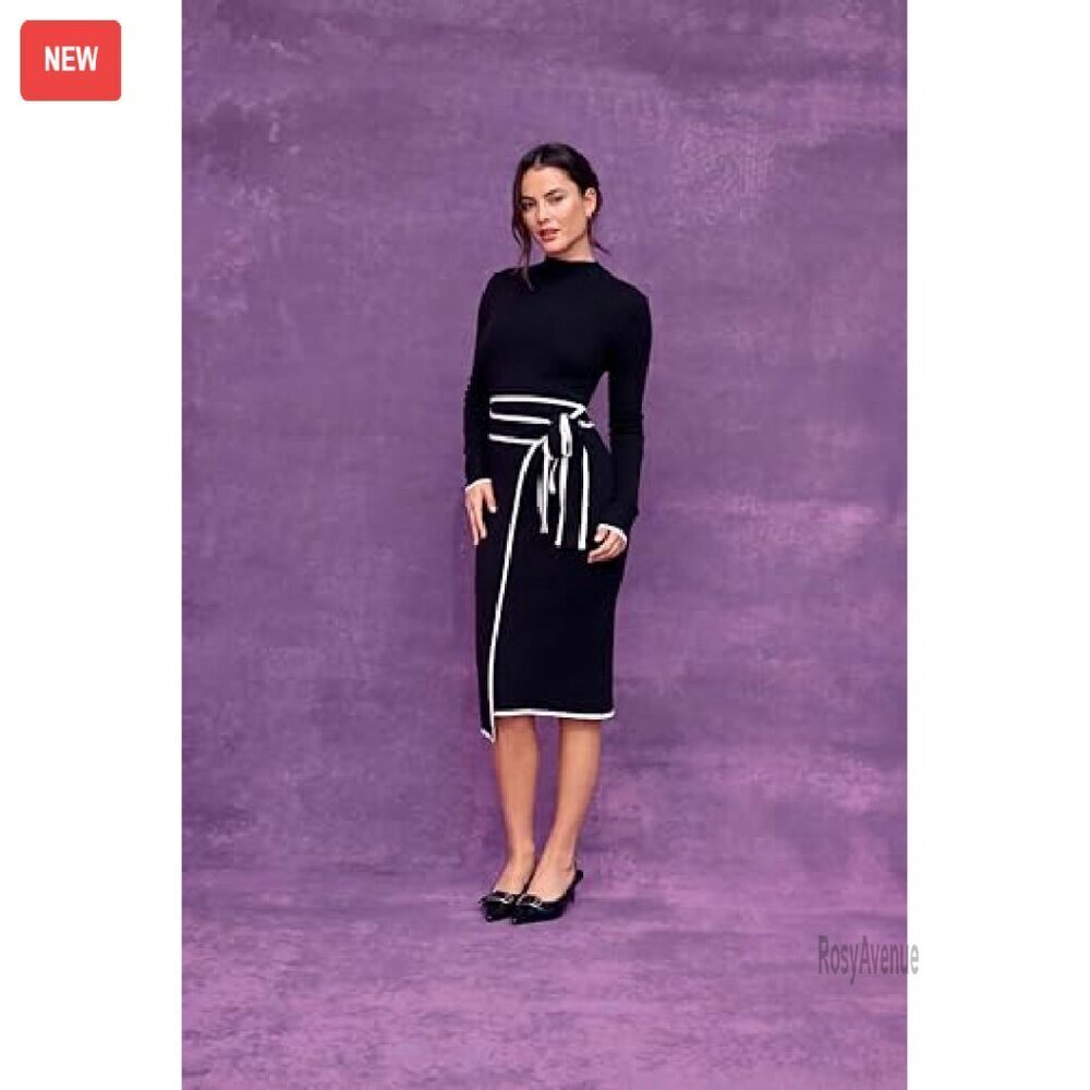 Long Sleeve Mock Turtleneck Sweater Dress Midi Work Dress Slim Fit - Picture 3 of 8